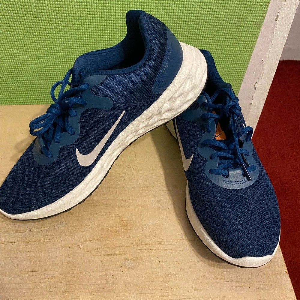 Navy blue and white with rose gold check mark. Nike sneakers. Size 11 women.